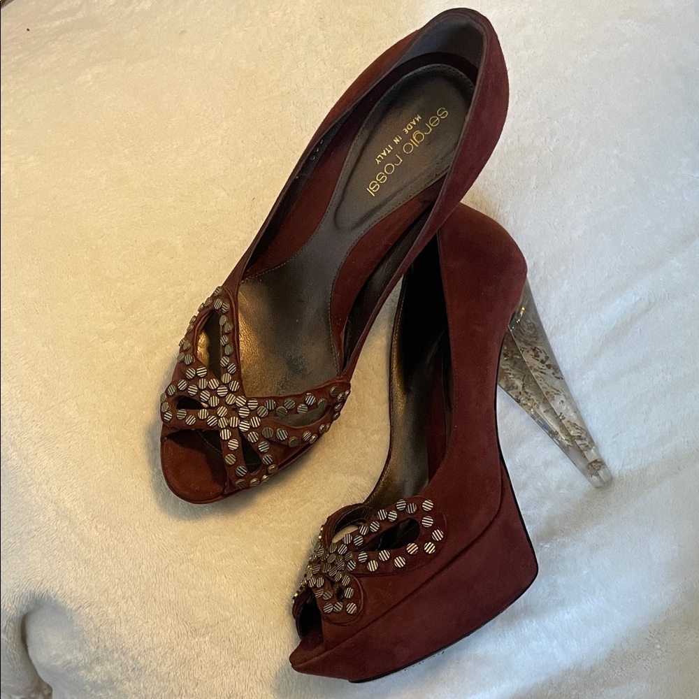 Sergio Rossi Burgundy Suede Platform Peep-Toe Heels